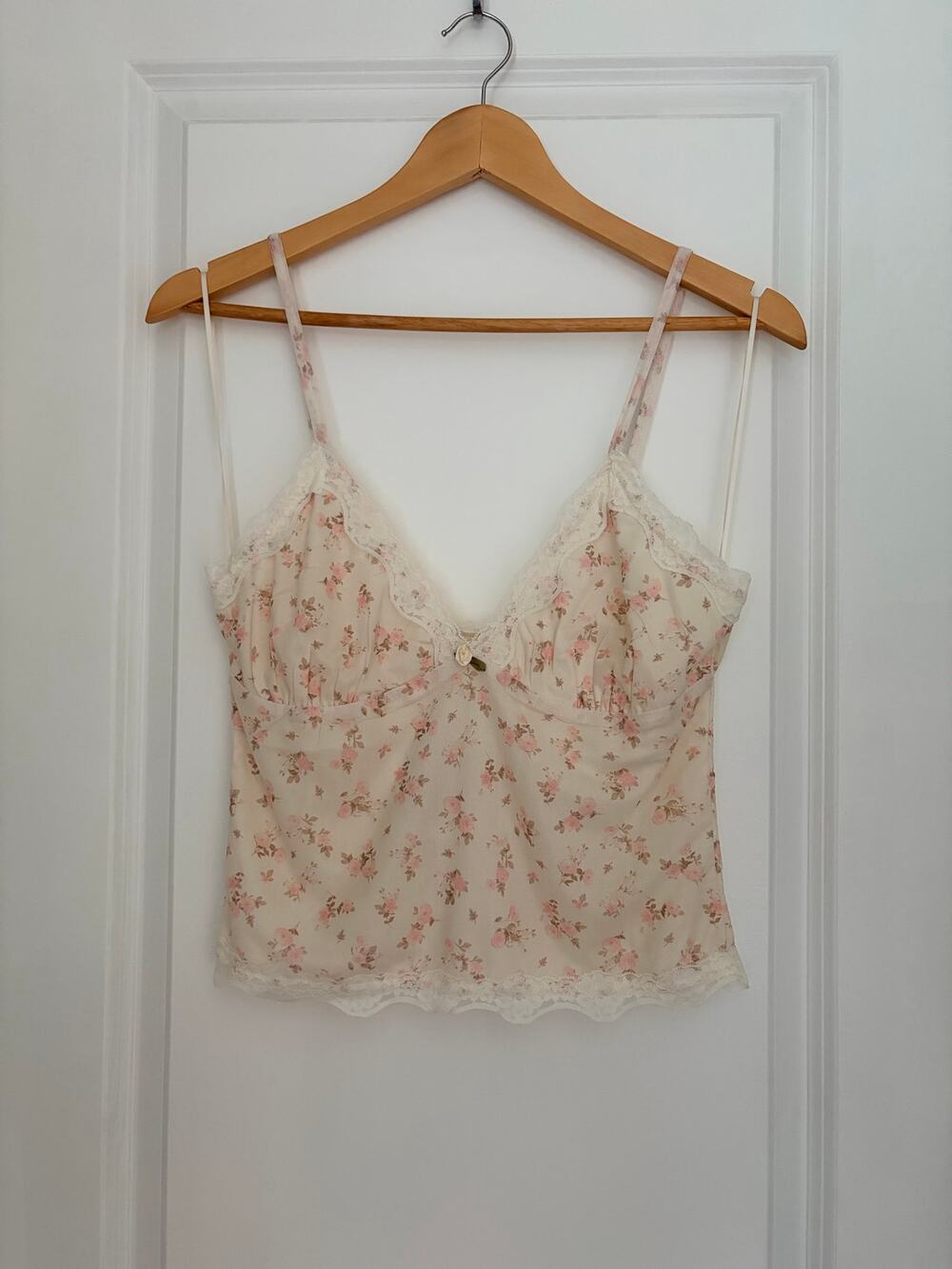 Cami Cream Pink Roses Lace Top Boho Festival Size Large